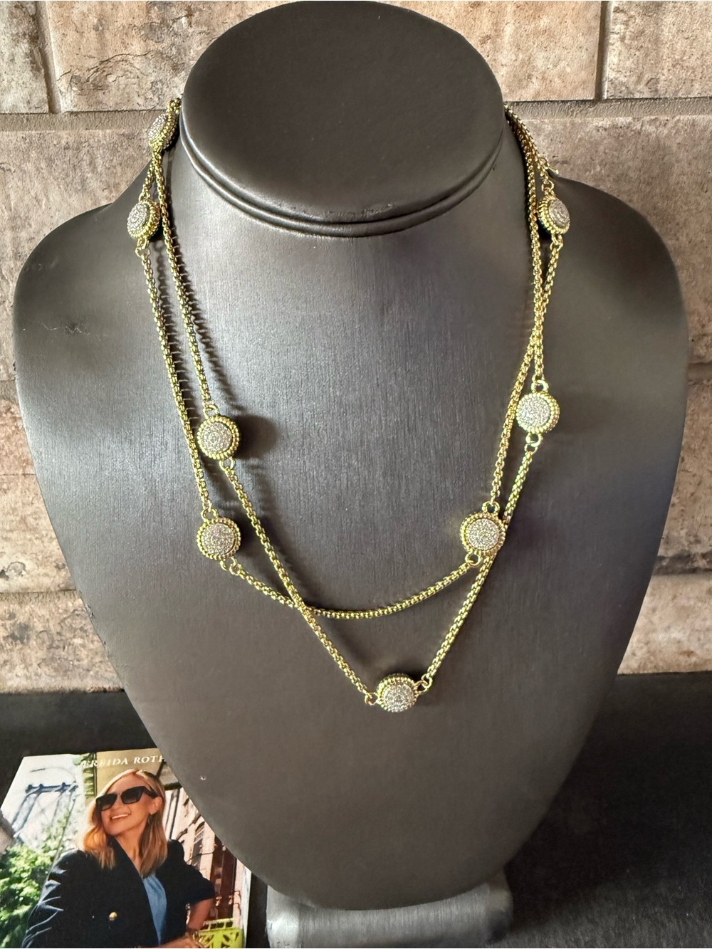 Freida Rothman Gold 36 inch Crystal Disc Necklace